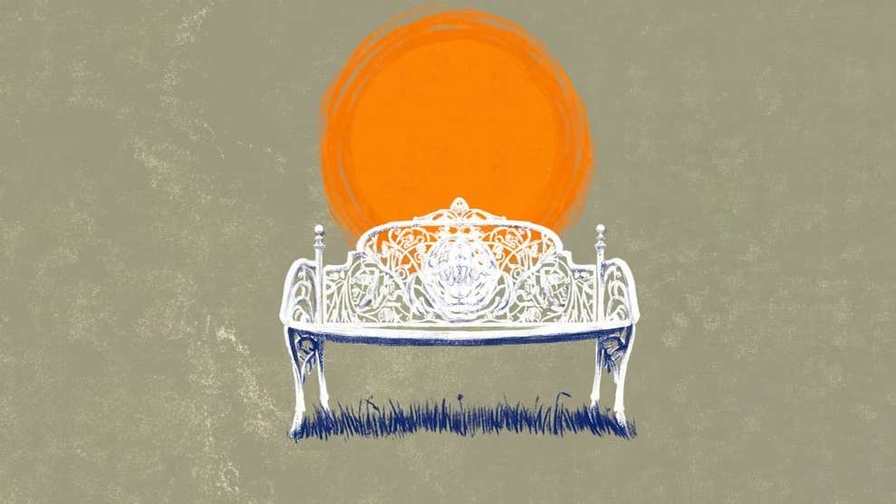 An illustrative poster for the play, Meredith, featuring a white park bench against a large orange sun and grey background.