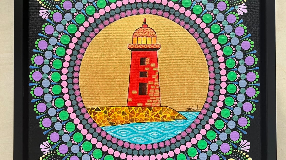 This acrylic painting on canvas features Dublin’s iconic Poolbeg Lighthouse set against a warm golden sky with dot mandala detail. By AnkiNish Creations