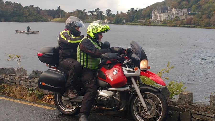 Motorcyclists near Kylemore Abbey touring with Wildirish Motorcycle Tours Dublin