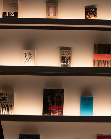 Lady standing looking at some of the books on display from Irish writers in the Museum of Literature Ireland