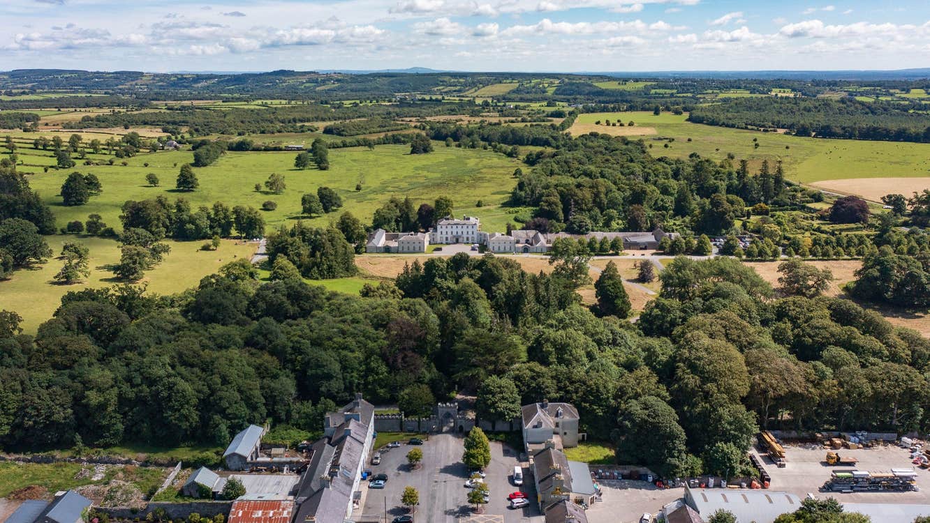 Aerial view of a woodland and period buildings