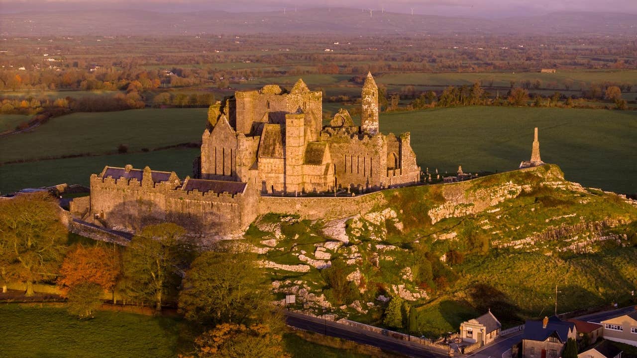 Aerial view of the Rock of Cashel at sunset