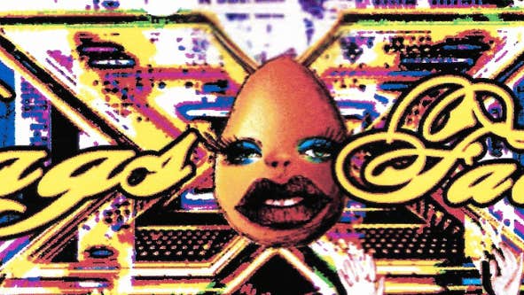 Egg with makeup on a colourful X Factor background