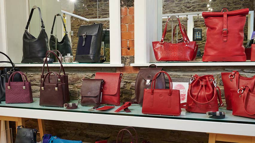 Leather handbags on display in Holden Leater Goods in Dingle