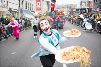 Comical waiter nearly drops the dish! Cork City St. Patrick's Day Parade