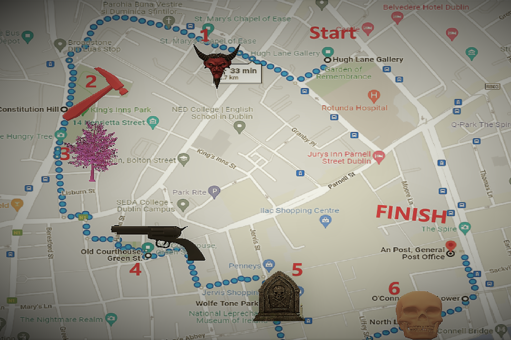A detailed image of the Dublin Walking Horror Tour map.