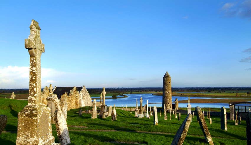 Headstones and a tower at Clonmacnoise, Co. Offaly