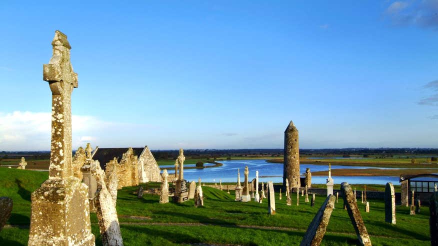 Headstones and a tower at Clonmacnoise, Co. Offaly