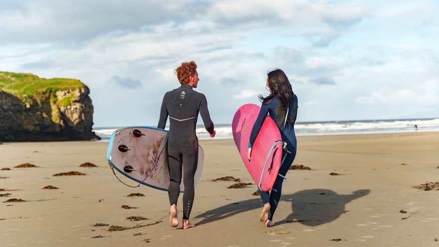 Surfers on Tullan Strand in Bundoran, Co Donegal
