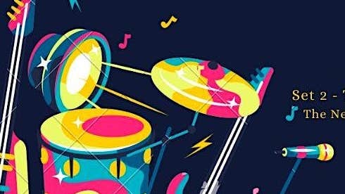 Colourful drawing of drums, spotlight and mic against black background.