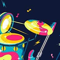 Colourful drawing of drums, spotlight and mic against black background.