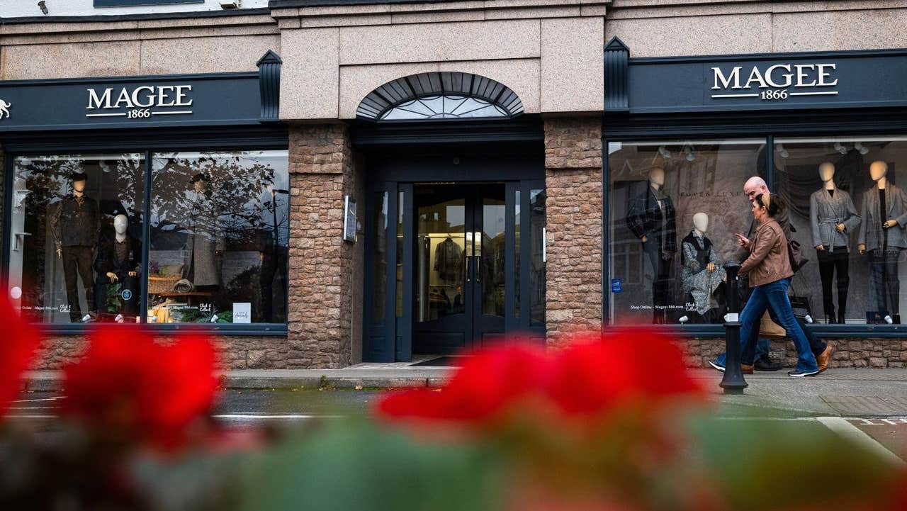 An exterior view of the Magee of Donegal front entrance and window displays
