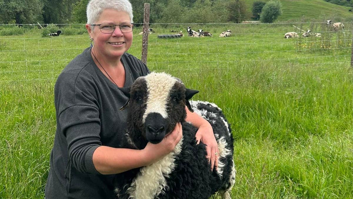 A lady with her arms around a sheep