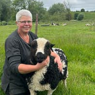 A lady with her arms around a sheep