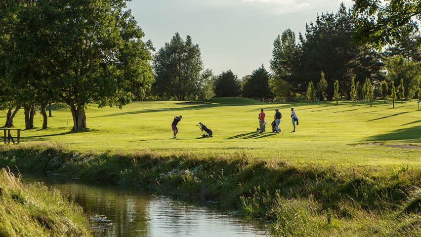 Golfers playing a round of golf on the green at Dungarvan Golf Club with trees and a pond