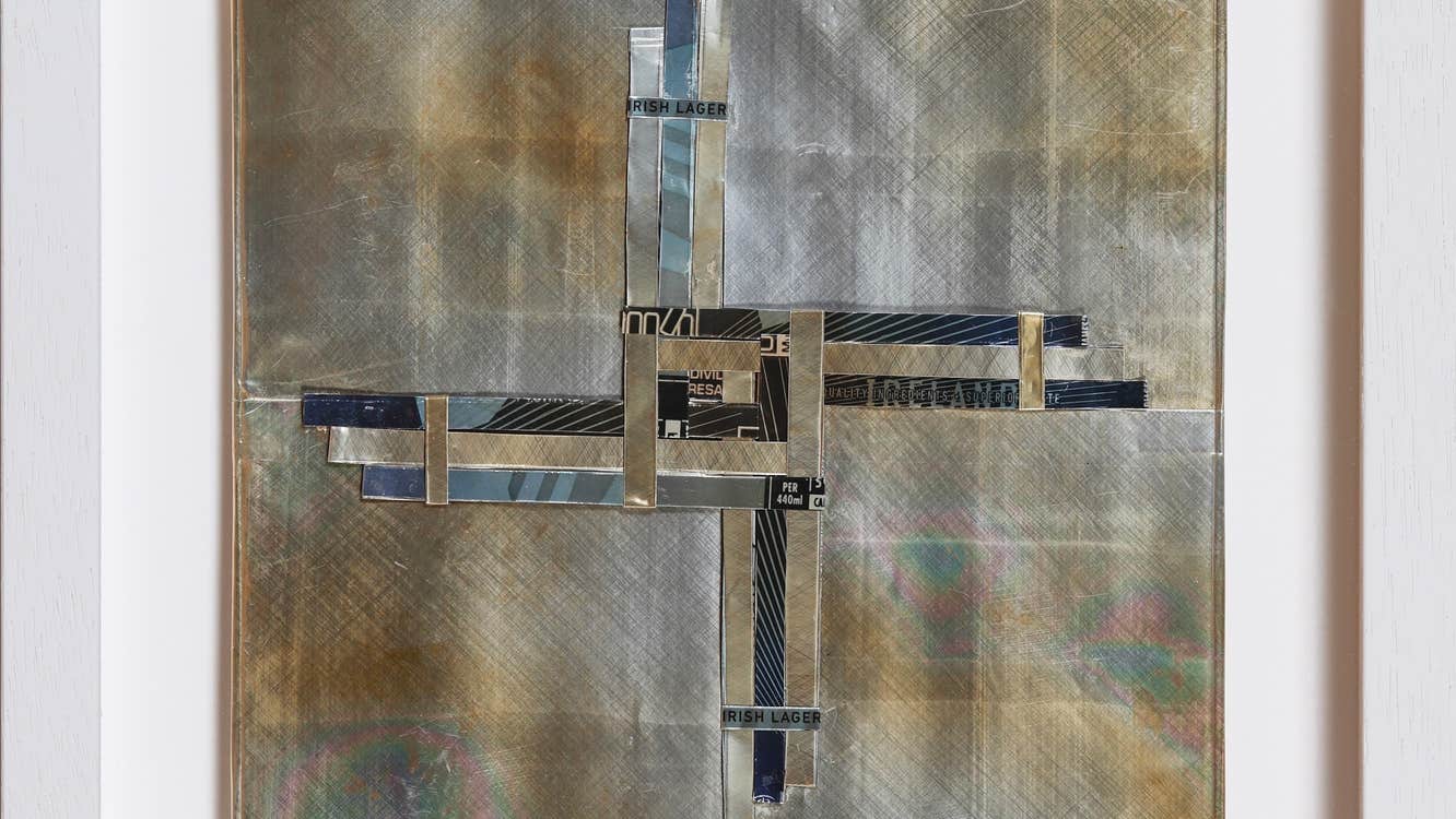 Artwork by Ciara Agnew Framed burned beer can of Brigid Cross,