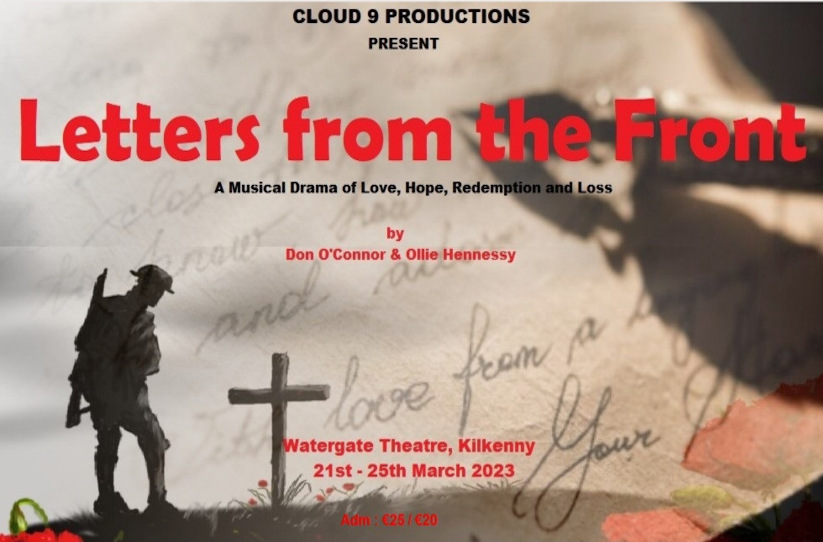 Image shows part of a handwritten letter in the background, text detail of the shows in red font and black outline of a WW1 soldier in front of a cross.