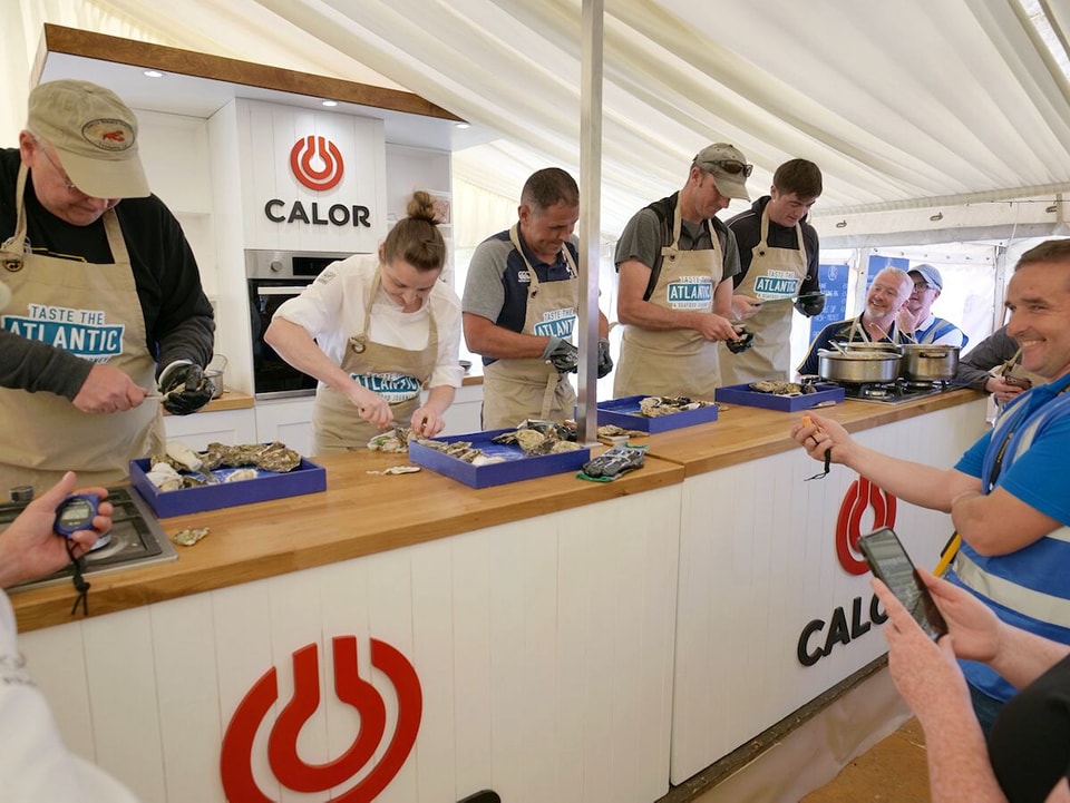 People wearing beige aprons lined up a counter in a large tent, all with a blue tray of oysters in front of them, holding knives to open the oysters with hands of people in front of them with timers.