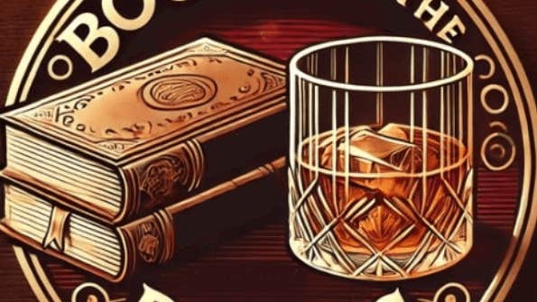 Drawing in browns and orange of 2 books and a glass of whiskey with text in a circle.