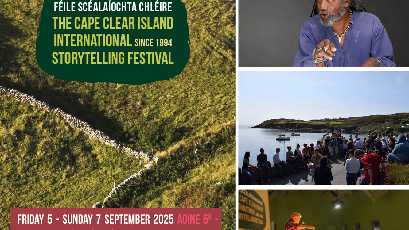 Cape Clear International Storytelling Festival 2025. A full programme of events to enjoy by all, from storytelling walks to evening concerts. Featuring world renowned tellers, such as Len Cabral (as seen in top right photo)