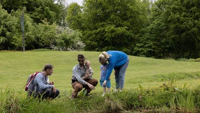 Children and adults examining a pond edge at Turlough Park