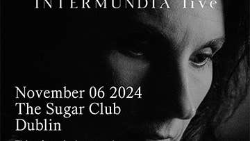 Black and white photo of a person's face, looking sad, overlaid with small event text.