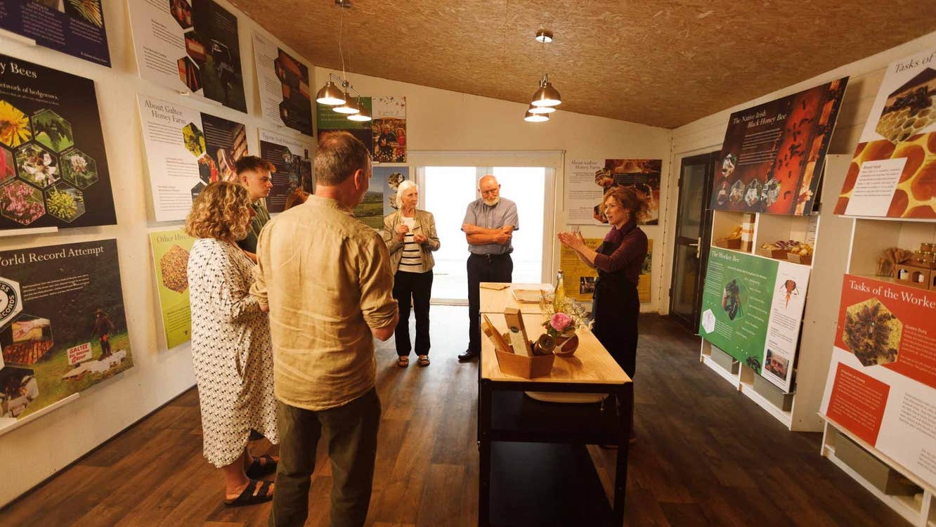 A group of people indoors at a bee and honey demonstration