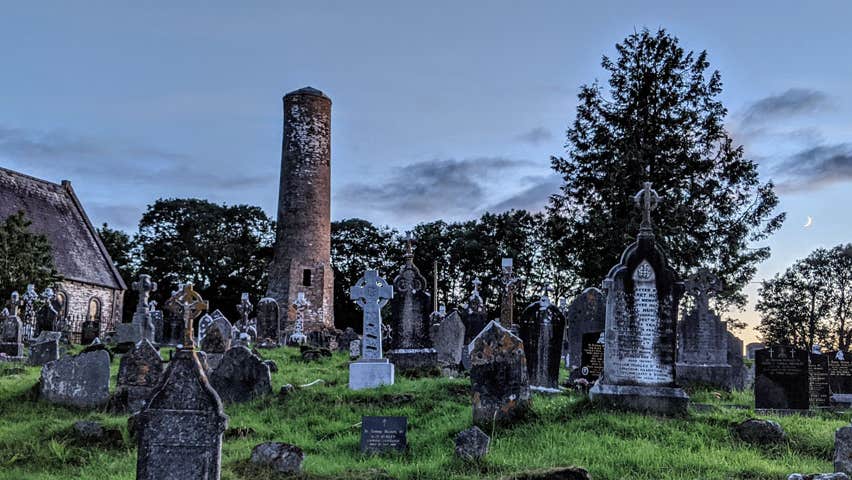 Kinneigh round tower and churchyard on a July summer's evening