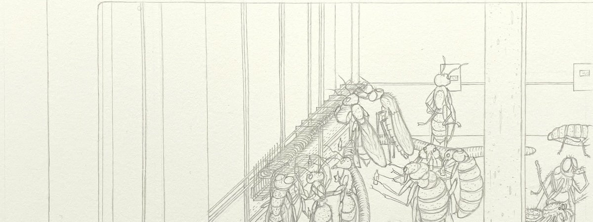 A pencil drawing on cream paper depicts a screen. On the screen is CCTV footage of a crowd of flies talking and drinking at an exhibition opening.