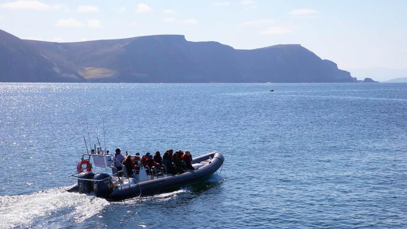 Group on a RIB at sea with mountains in the background