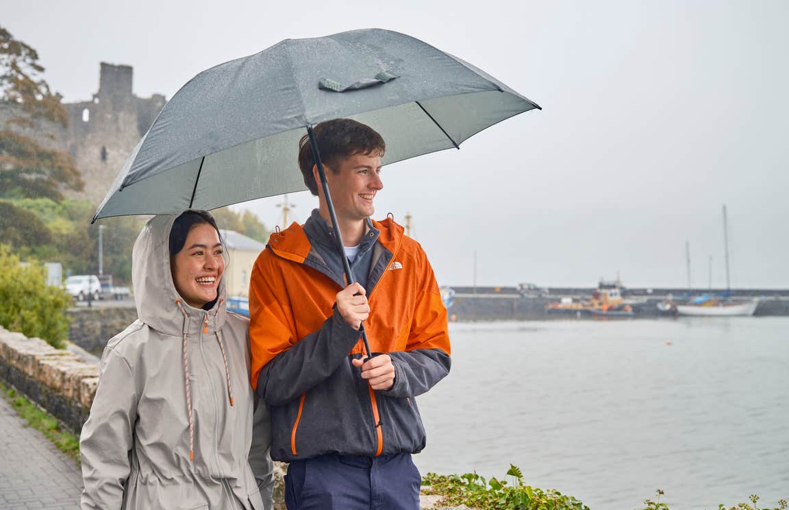A couple walking in the rain