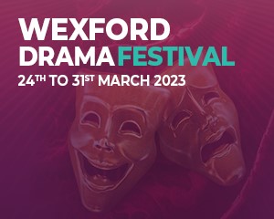 Wexford Drama Festival 59th Festival, red/purple background image of the comedy and tragedy masks with text info about the festival