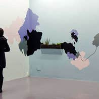 A person admiring some wall art in the gallery