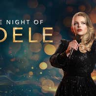 One Night of Adele, A Stunning Tribute - A woman in black sparkly dress is holding a mic with the other hand pointing up into the air.