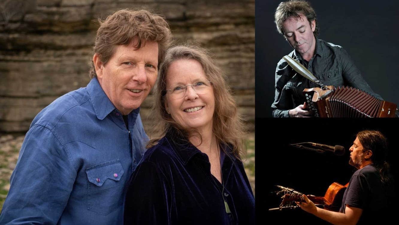 Larger photo of man and woman smiling, with smaller separate photos of men playing musical instruments