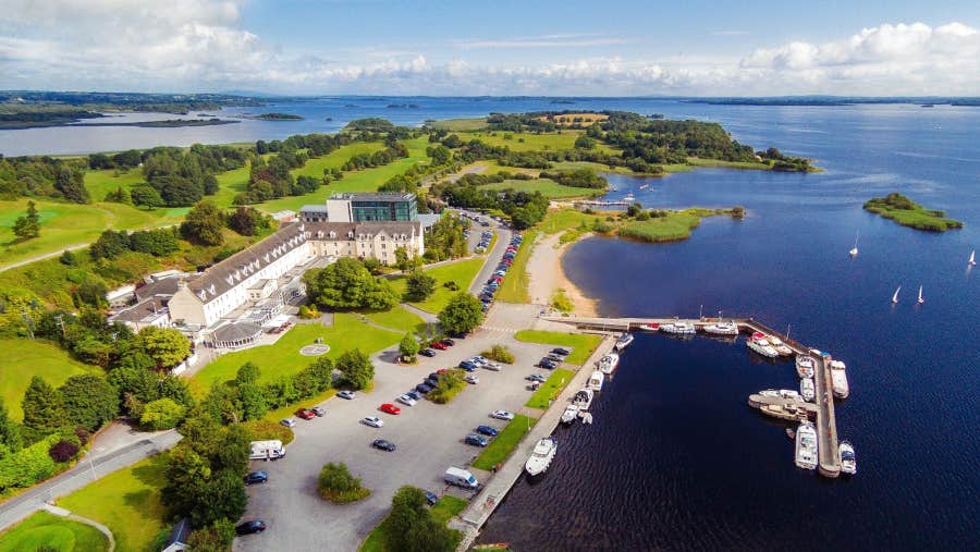 Aerial view of the hotel and lake