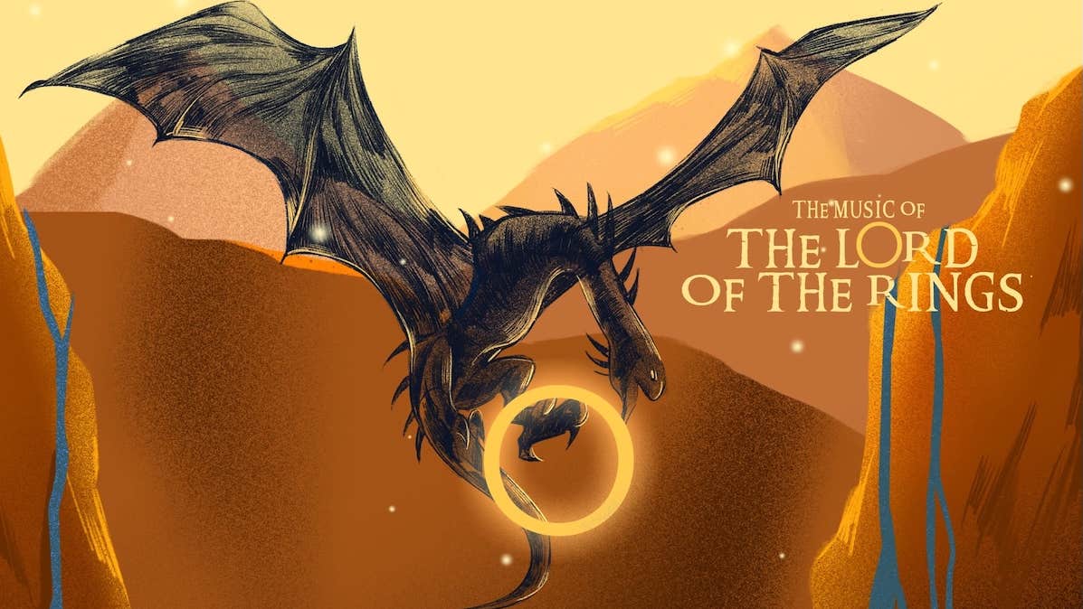 Cartoon type image of large black dragon with longs wings, flying over brown hills with large gold ring in its claw.