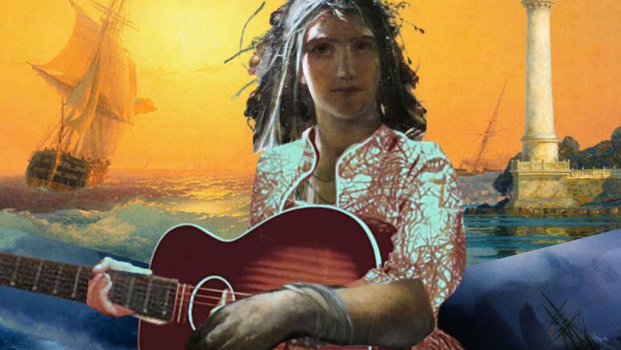 Drawing of person with black hair playing a guitar with ancient ship at sea in the background and a tall white lighthouse.