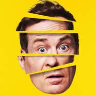 A man's face looking shocked split up into 5 horizontal separate pieces, against bright yellow background.