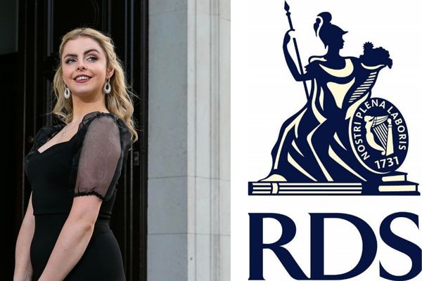 Left side of image shows a woman with blonde hair in a black dress, smiling over her left shoulder, on the right side there is the logo of the RDS in black.