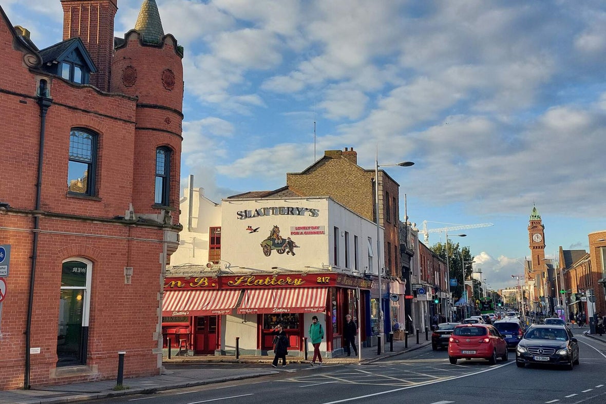 Rathmines Road in Dublin showing Slattery's Pub and the Rathmines clock tower.