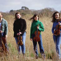 The members of the Calathea Quartet holding their instruments. They're standing on a path surrounded by tall grass.