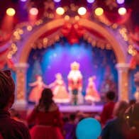 Blurred view of an ornate stage with nutcracker figure and 4 dancers, with rear view of child's head in foreground.