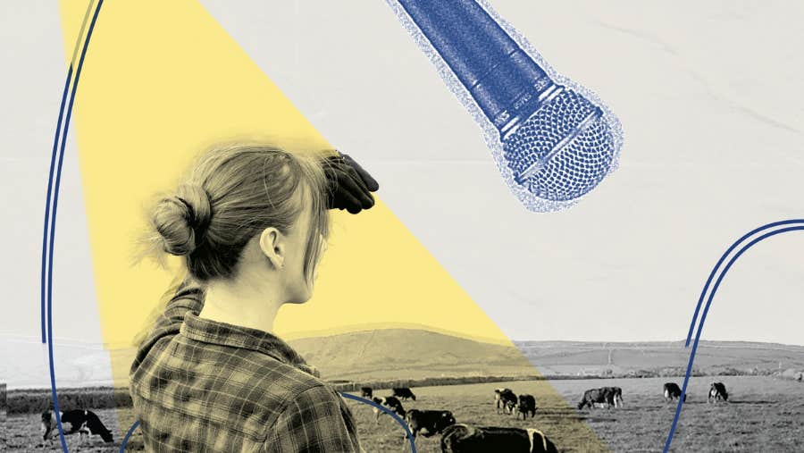A person looking at a field of cows grazing overlaid with image of a mic and lead.