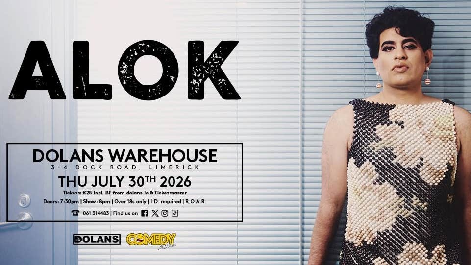 Poster for comedian Alok with person in a dress, pursing their lips.