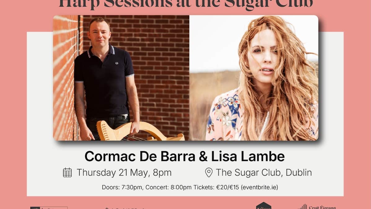 Poster with 2 photos of a woman outdoors and a man leaning against a brick wall.