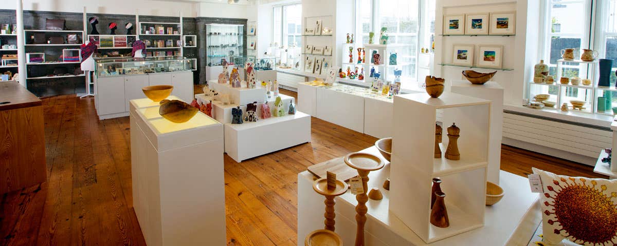 A view of the interior of the shop showing a wide range of crafts on sale