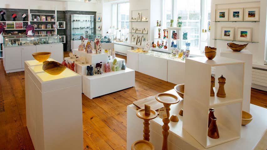 A view of the interior of the shop showing a wide range of crafts on sale