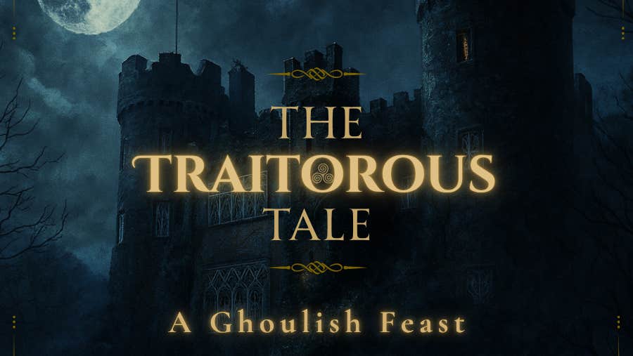 A dark castle under a full moon with text: “A Traitorous Tale, A Ghoulish Feast. An immersive Samhain dining experience.” Ireland’s Home of Halloween, Malahide Castle, and Explore Fingal logos are featured.