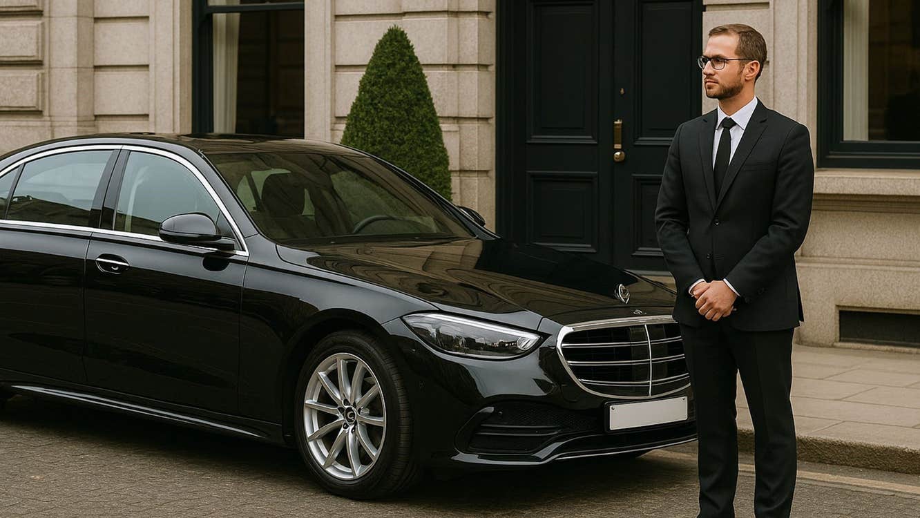 Person in a dark suit standing by a black car parked on a street